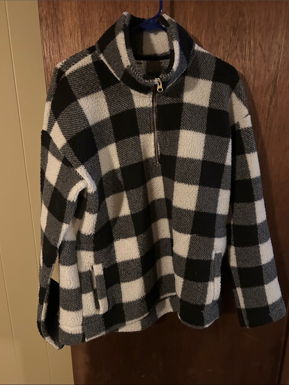 Women’s Black & White Buffalo Check half Zip-Front Fleece Pullover